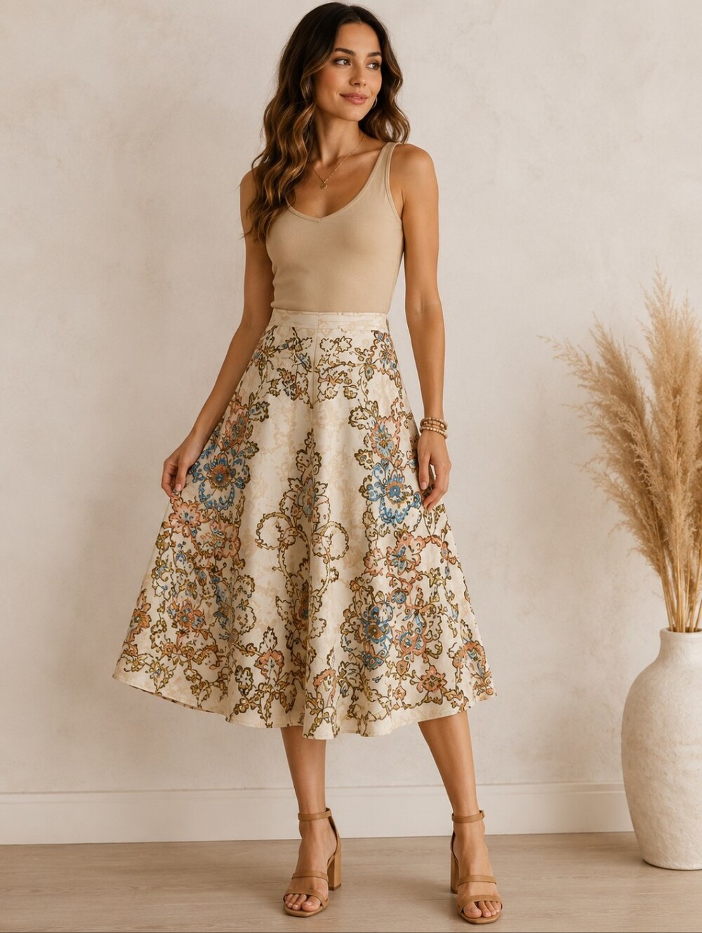 I.E. Size 4 Embellished Floral A-Line Midi Skirt Boho Cotton A-103